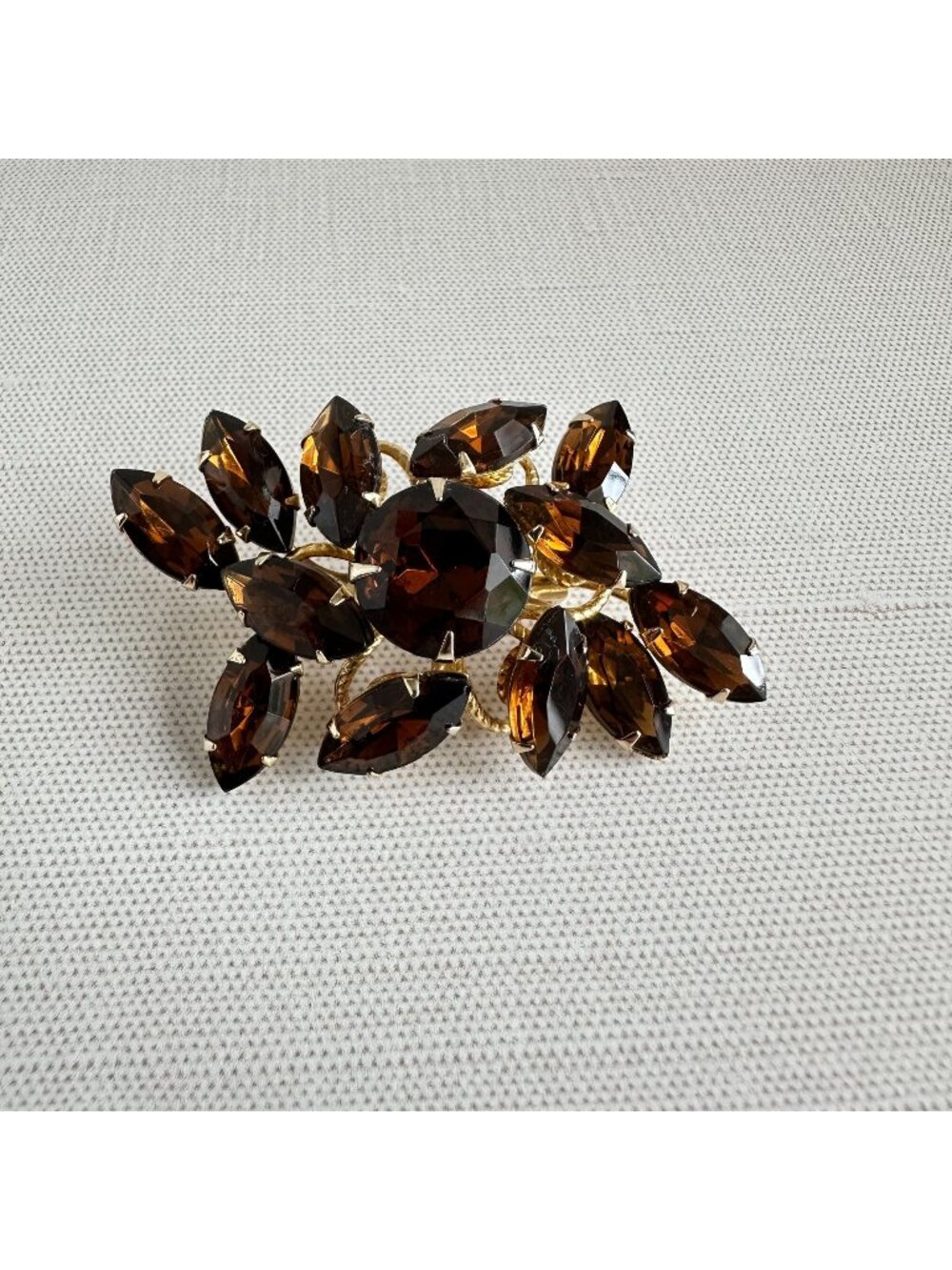 Topaz Rhinestone Brooch Gold Tone Marquise Prong Set 1960s 2.5"